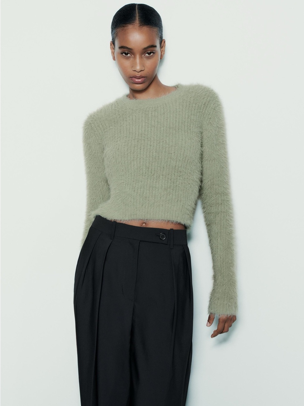 Zara Soft Fuzzy Cropped Crewneck Sweater - Sage Green Y2K Soft Girl M